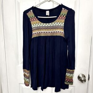 Sun & Moon Tribal Embroidered Tunic Long Sleeve Top  Blue Multi Color Accent